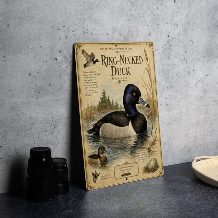A metal sign with a detailed illustration of a ring-necked duck, accompanied by text and a bird illustration, is displayed on a table.