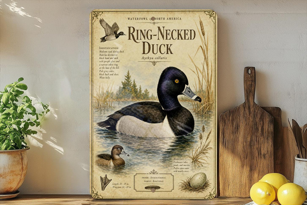 A framed illustration of a ring-necked duck is displayed on a shelf, accompanied by a wooden cutting board and a potted plant.