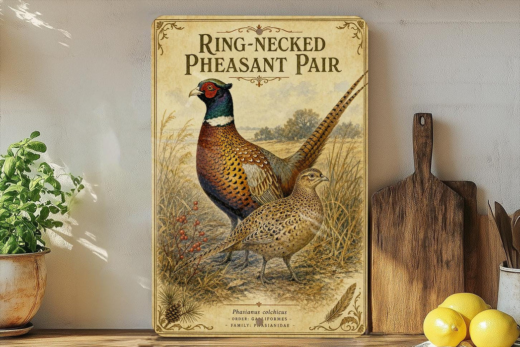 A vintage-style metal sign featuring a colorful illustration of a ring-necked pheasant standing in a field, with a wooden paddle and a potted plant in the background.