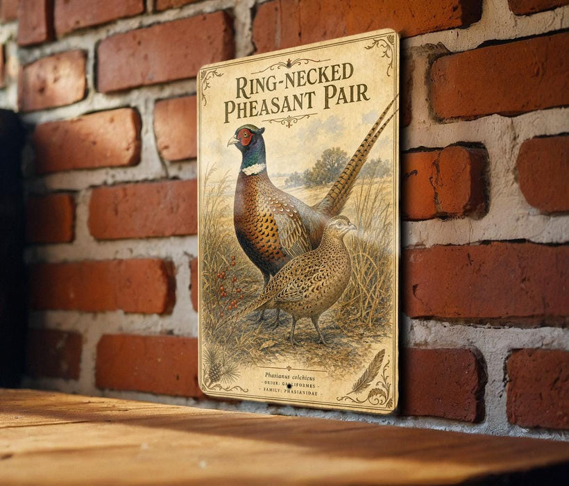 A vintage-style metal sign featuring a pheasant standing on a brick wall, with the text "Ring-Necked Pheasant Pair" and "Phasian colchus Family: Pheasianidae" printed on it.