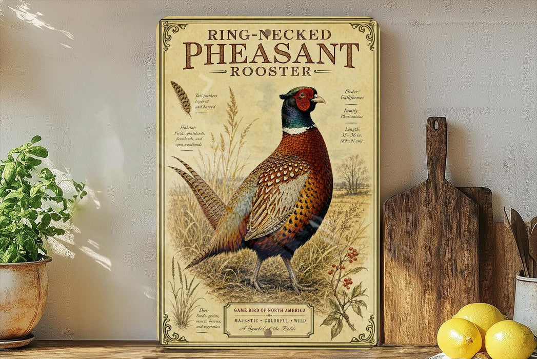 A framed illustration of a ring-necked pheasant rooster is displayed on a shelf, surrounded by kitchen utensils and a potted plant.