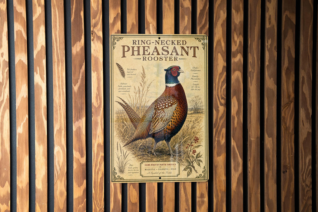 A vintage-style sign for a ring-necked pheasant rooster is displayed on a wooden wall.