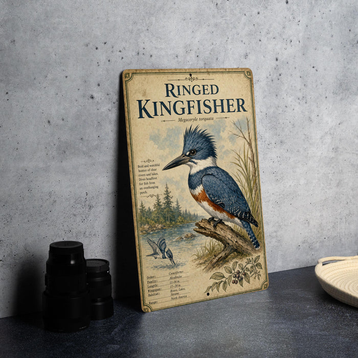 A framed illustration of a blue kingfisher bird is displayed on a table, with a stack of black camera lenses and a white bowl visible to the side.