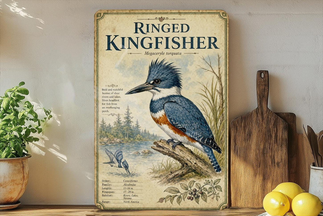 a framed illustration of a blue kingfisher bird, with a detailed illustration of the bird's features and habitat. The frame is placed on a wooden surface, with a potted plant and a wooden cutting board visible in the background.