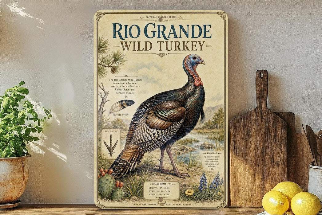 A vintage-style poster of a wild turkey, featuring a detailed illustration of the bird in a natural setting, is displayed on a wall next to a wooden cutting board and some potted plants.