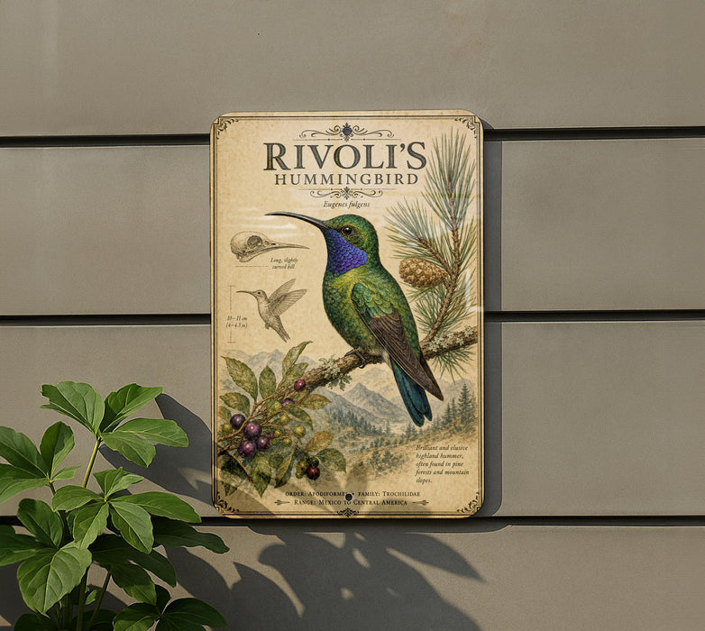 a vintage-style metal sign with illustrations of a hummingbird and various plants, mounted on a wall.