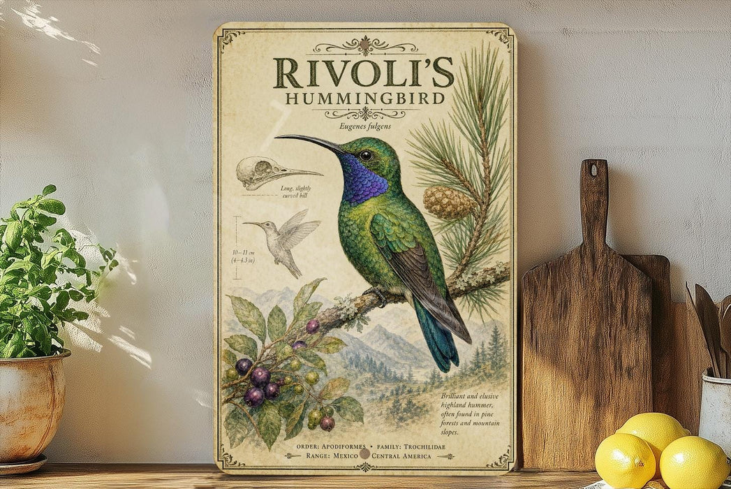 a vintage-style poster of a hummingbird, with illustrations of the bird, its habitat, and its diet. The poster is displayed on a shelf next to a wooden cutting board and a potted plant.