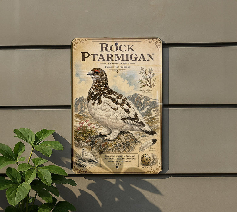 a vintage-style metal plaque with an illustration of a bird, likely a stork, perched on a rock. The plaque is mounted on a wall and is surrounded by greenery, including a plant to the left.