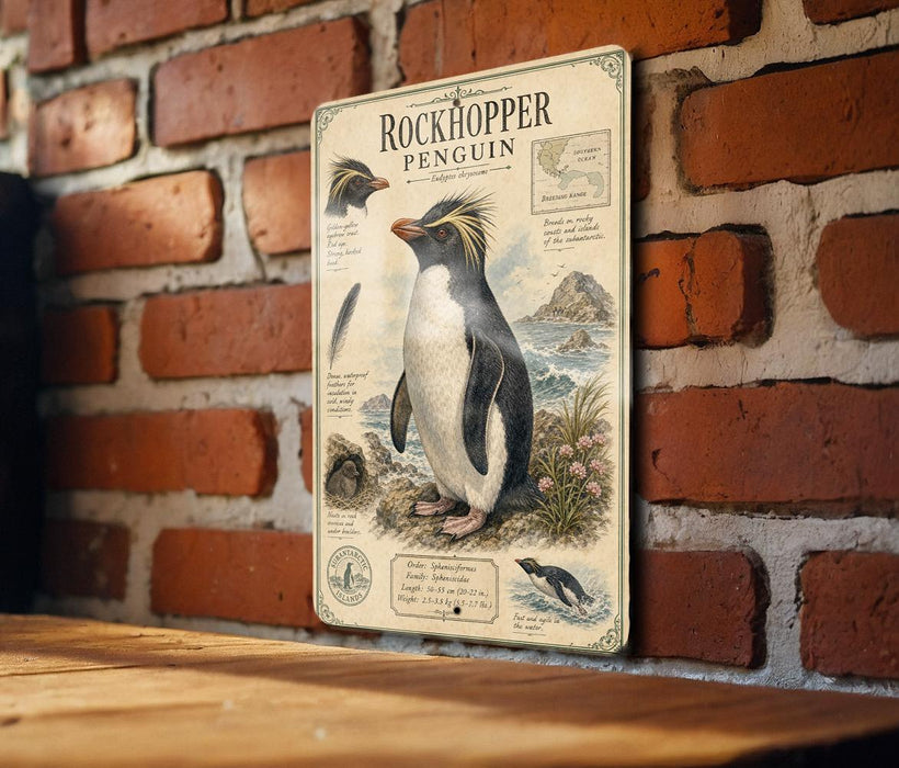 a vintage-style metal sign depicting a rockhopper penguin, mounted on a brick wall.
