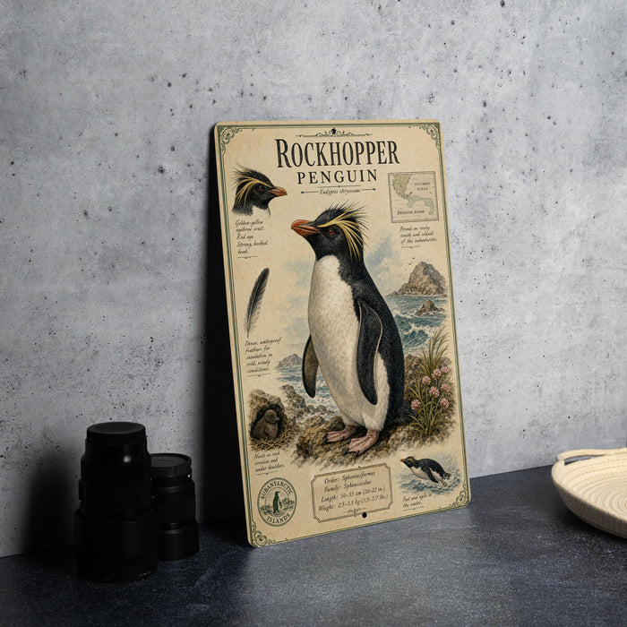 a vintage-style illustration of a Rockhopper Penguin on a wall, accompanied by various texts and illustrations related to the penguin's characteristics and habitat.