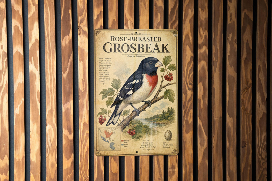 a vintage-style poster of a rose-breasted grouse, which is mounted on a wooden wall.