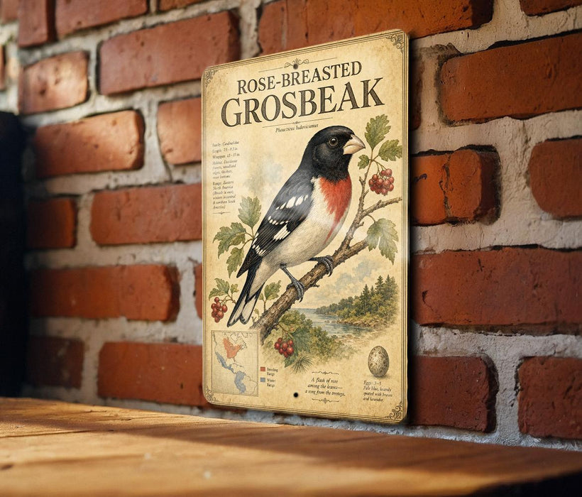 a vintage-style metal sign with a detailed illustration of a rose-breasted grosbeak perched on a branch, set against a brick wall.