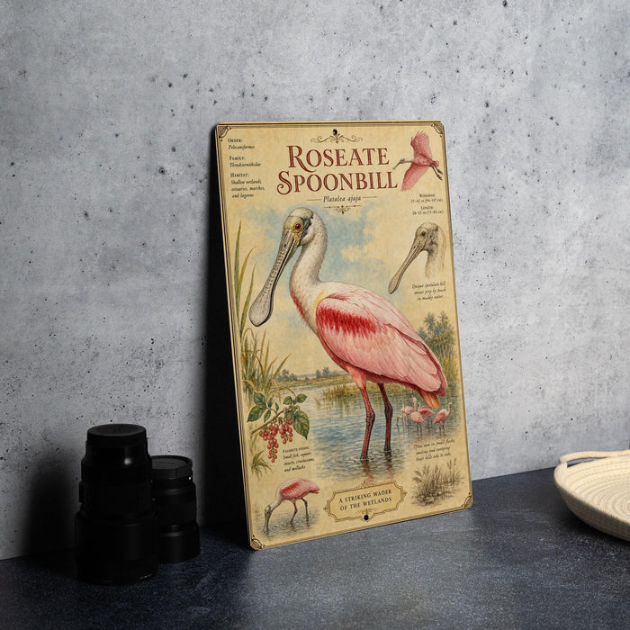 a vintage-style illustration of a pink spoonbill bird, with various texts and illustrations related to the bird's habitat and behavior.