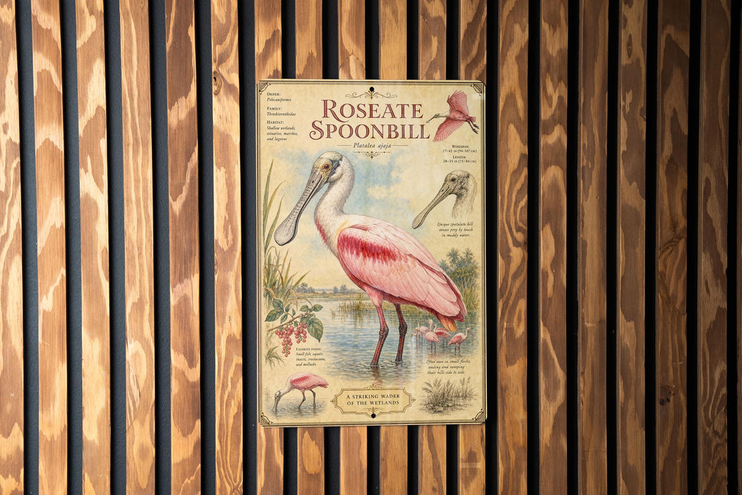 a poster of a pink spoonbill bird, which is a large wading bird with a long, curved beak and a pinkish plumage.