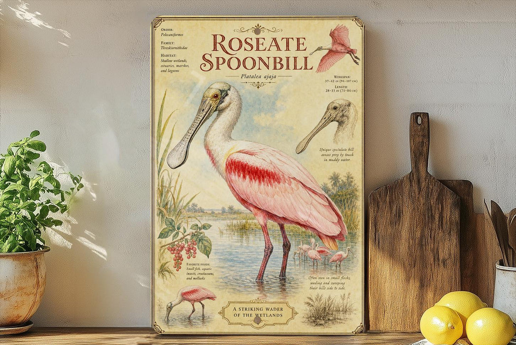 a vintage-style illustration of a pink spoonbill bird, with detailed illustrations of the bird's beak, legs, and feathers, along with text providing information about the species.