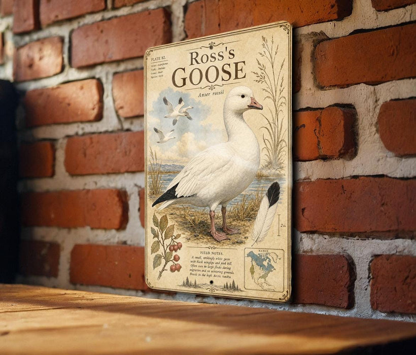 A vintage-style metal sign featuring a detailed illustration of a white goose, mounted on a brick wall.