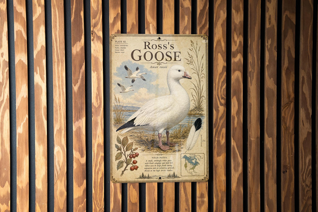 A vintage-style metal plaque featuring a white goose, with a map and text below it, mounted on a wooden wall.