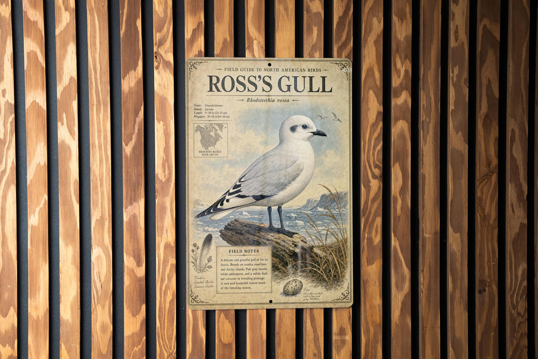 A vintage-style metal sign with a detailed illustration of a seagull perched on a rock, surrounded by grass and a birdhouse.