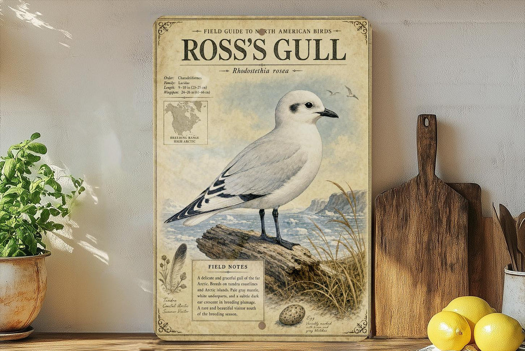 A field guide to Ross's Gull, featuring a detailed illustration of the bird on a rock, with additional information about the species.