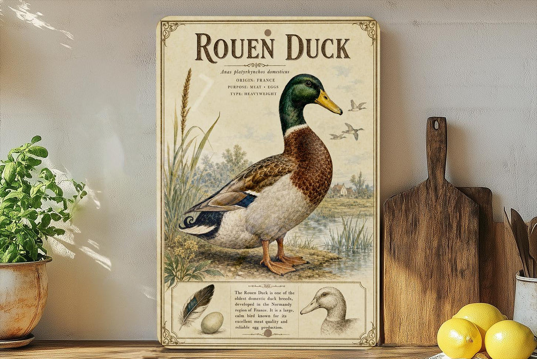 a vintage-style illustration of a Rouen Duck, with a wooden paddle and a potted plant in the background.