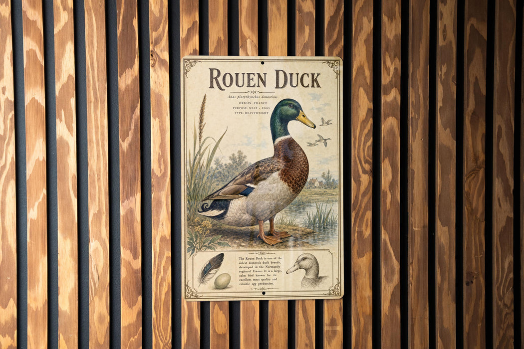a sign with an illustration of a roen duck, mounted on a wooden wall.