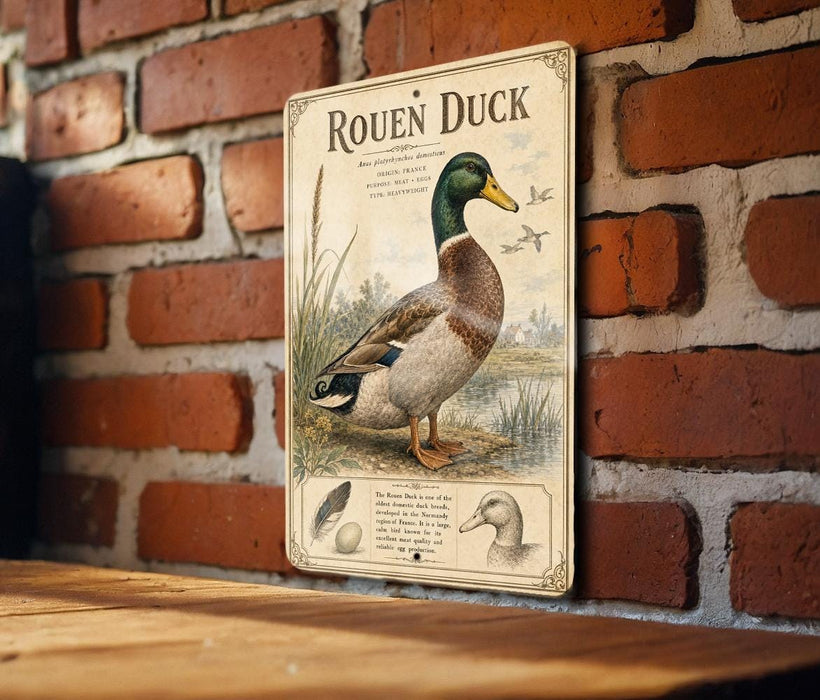 a metal sign with an illustration of a roan duck, mounted on a brick wall.