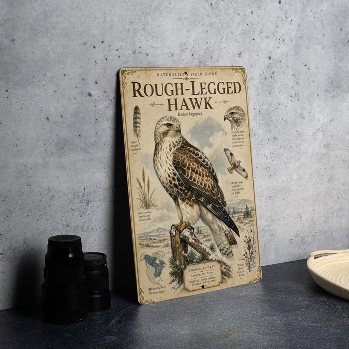a metal plaque with an illustration of a rough-legged hawk, along with various bird species and their habitats.
