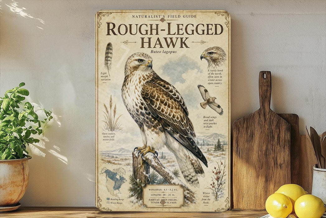 a vintage-style field guide to the Rough-legged Hawk, with illustrations and text providing information about the bird.