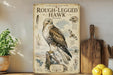 a vintage-style field guide to the Rough-legged Hawk, with illustrations and text providing information about the bird.
