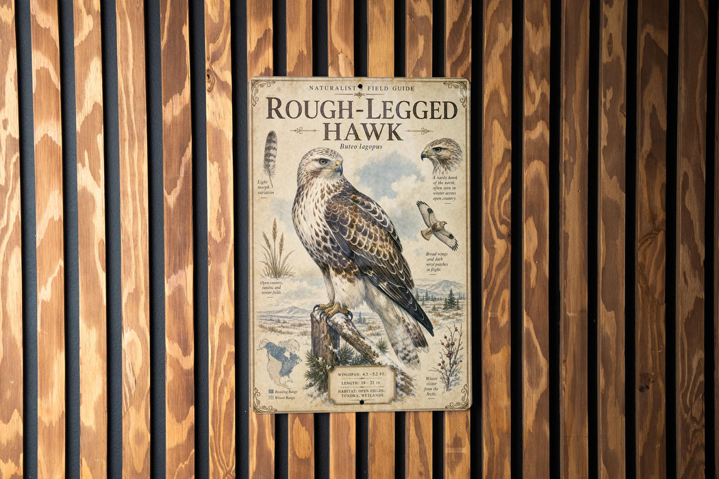 a metal sign with a picture of a rough-legged hawk and text, mounted on a wooden wall.