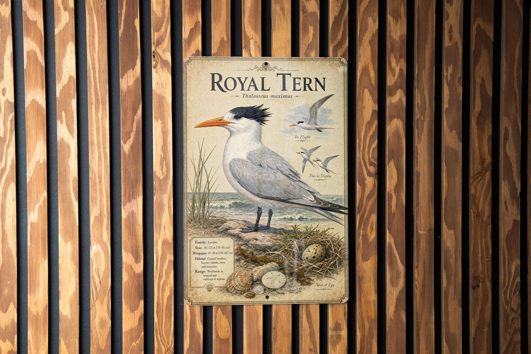 a vintage-style illustration of a Royal Tern, a large seabird, on a wooden wall.