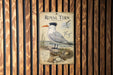 a vintage-style illustration of a Royal Tern, a large seabird, on a wooden wall.