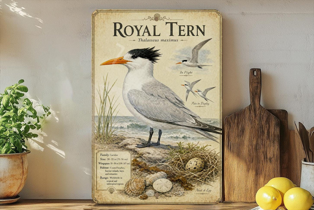 a poster of a Royal Tern, a seabird, on a wall. The poster includes a detailed illustration of the bird and its natural habitat, as well as information about the species.