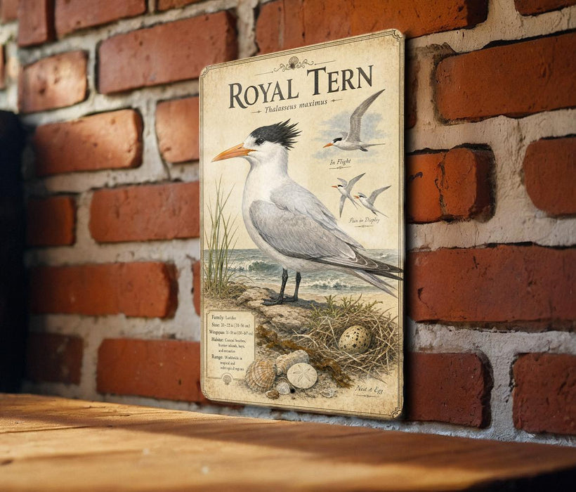 A vintage-style metal sign with illustrations of seagulls and text, mounted on a brick wall.