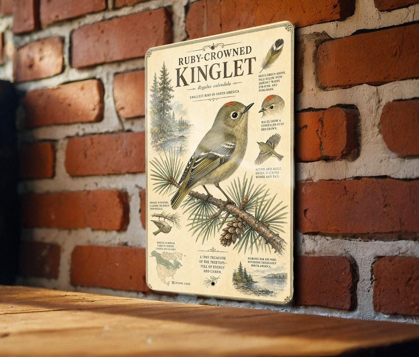 a vintage-style metal sign with illustrations and text about the Ruby-crowned Kinglet, a small bird native to North America.