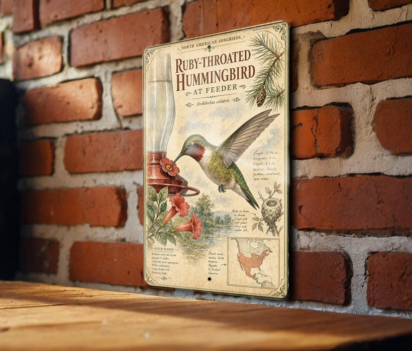 A vintage-style metal sign featuring an illustration of a Ruby-throated Hummingbird, with text describing the bird and its feeding habits.
