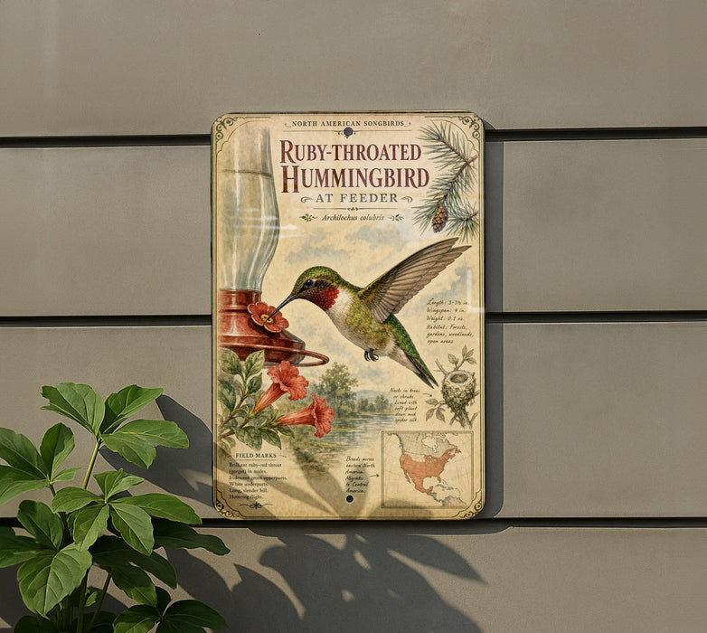 A vintage-style metal sign featuring an illustration of a hummingbird, with text describing the bird and its feeding habits.
