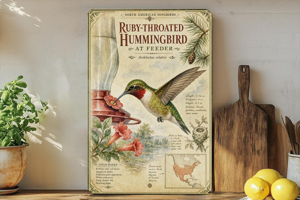 a vintage-style book cover for "Ruby-throated Hummingbird at Feeder" by North American Songbirds, with illustrations of a hummingbird feeding from a feeder and surrounded by flowers. The book cover also includes text and a map of the United States.