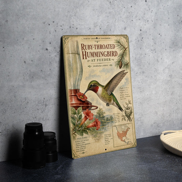 A vintage-style metal sign depicting a hummingbird, with text and illustrations, is displayed on a gray countertop next to a stack of black camera lenses.