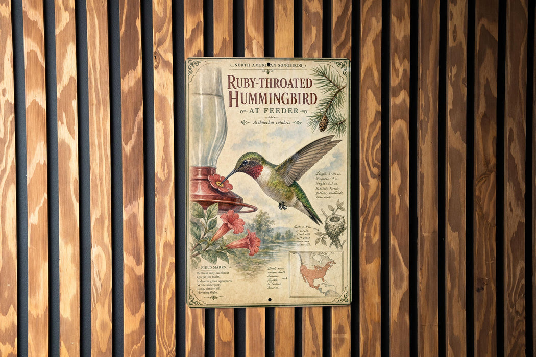 a poster of a Ruby-throated Hummingbird, which is a bird known for its vibrant colors and unique appearance. The poster is displayed on a wooden wall, and it appears to be a collage of multiple images. The poster includes a detailed illustration of the bird and its surroundings, as well as text providing information about the species.