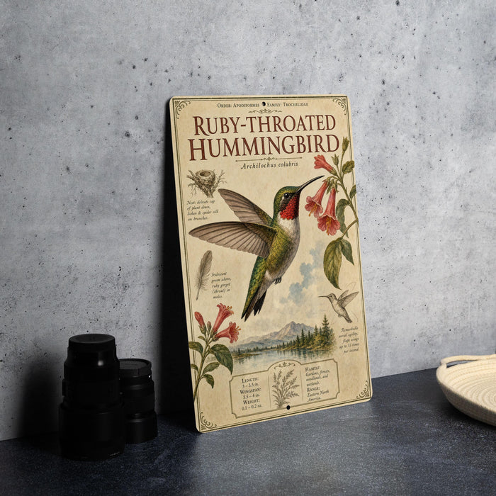 a vintage-style poster or book cover of a Ruby-throated Hummingbird, with illustrations and text providing information about the bird.