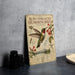 a vintage-style poster or book cover of a Ruby-throated Hummingbird, with illustrations and text providing information about the bird.