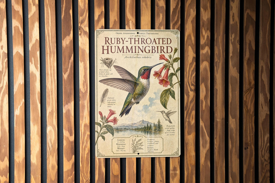 a poster of a Ruby-throated Hummingbird, which is mounted on a wooden wall.