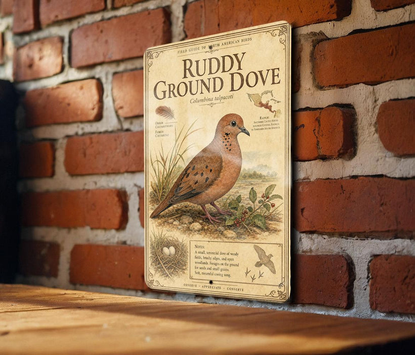 a vintage-style metal sign with illustrations and text, mounted on a brick wall.