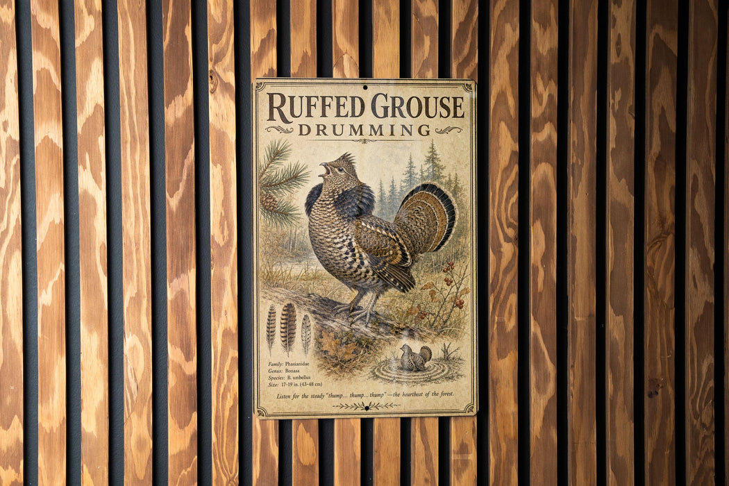 a vintage-style poster of a grouse drumming bird, mounted on a wooden wall.