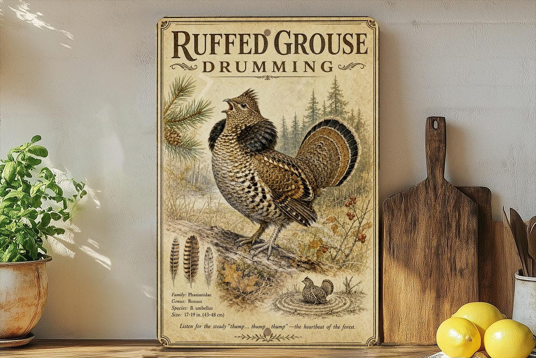 a vintage-style poster of a grouse drumming bird, with a wooden board and a potted plant in the background.