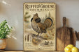 a vintage-style poster of a grouse drumming bird, with a wooden board and a potted plant in the background.
