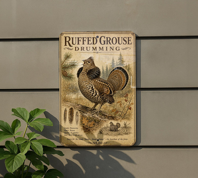 a vintage advertisement for Ruffed Grouse Drumming, depicting a large bird with a distinctive crest and surrounded by natural elements such as pine trees and foliage.