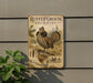 a vintage advertisement for Ruffed Grouse Drumming, depicting a large bird with a distinctive crest and surrounded by natural elements such as pine trees and foliage.