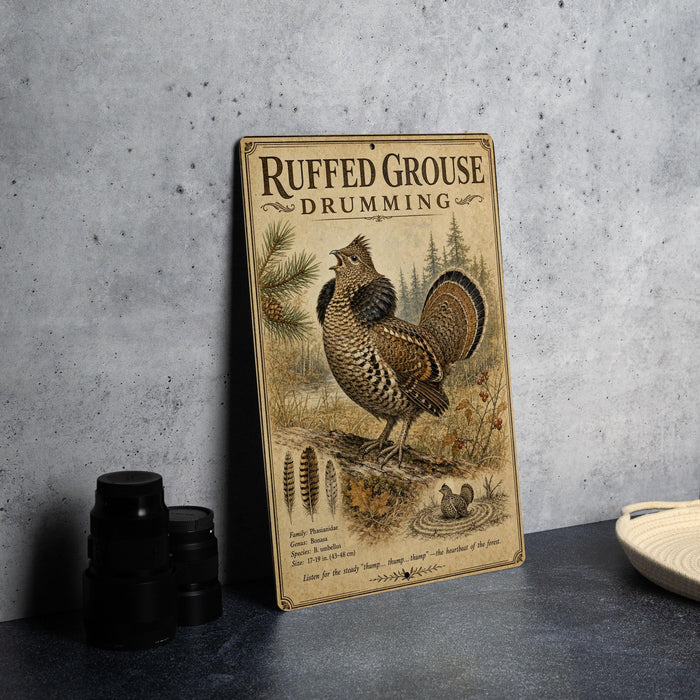 a vintage-style metal sign with an illustration of a grouse drumming bird, placed on a gray countertop next to some black camera lenses.